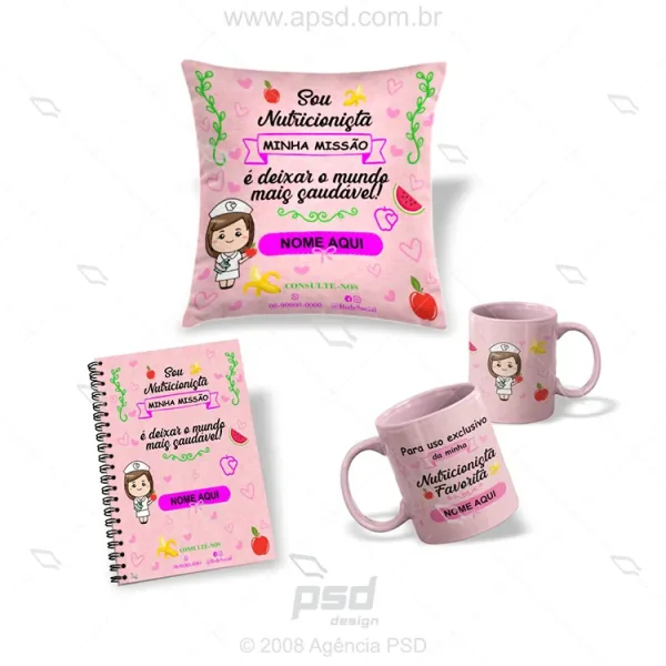 kit artes nutricionista caneca agenda almofada